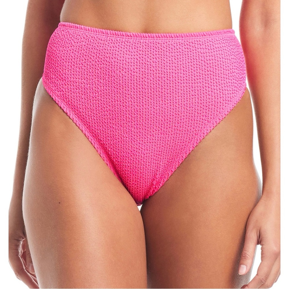 Bar III Bright Pink High Leg High Rise Textured Bikini Bottom